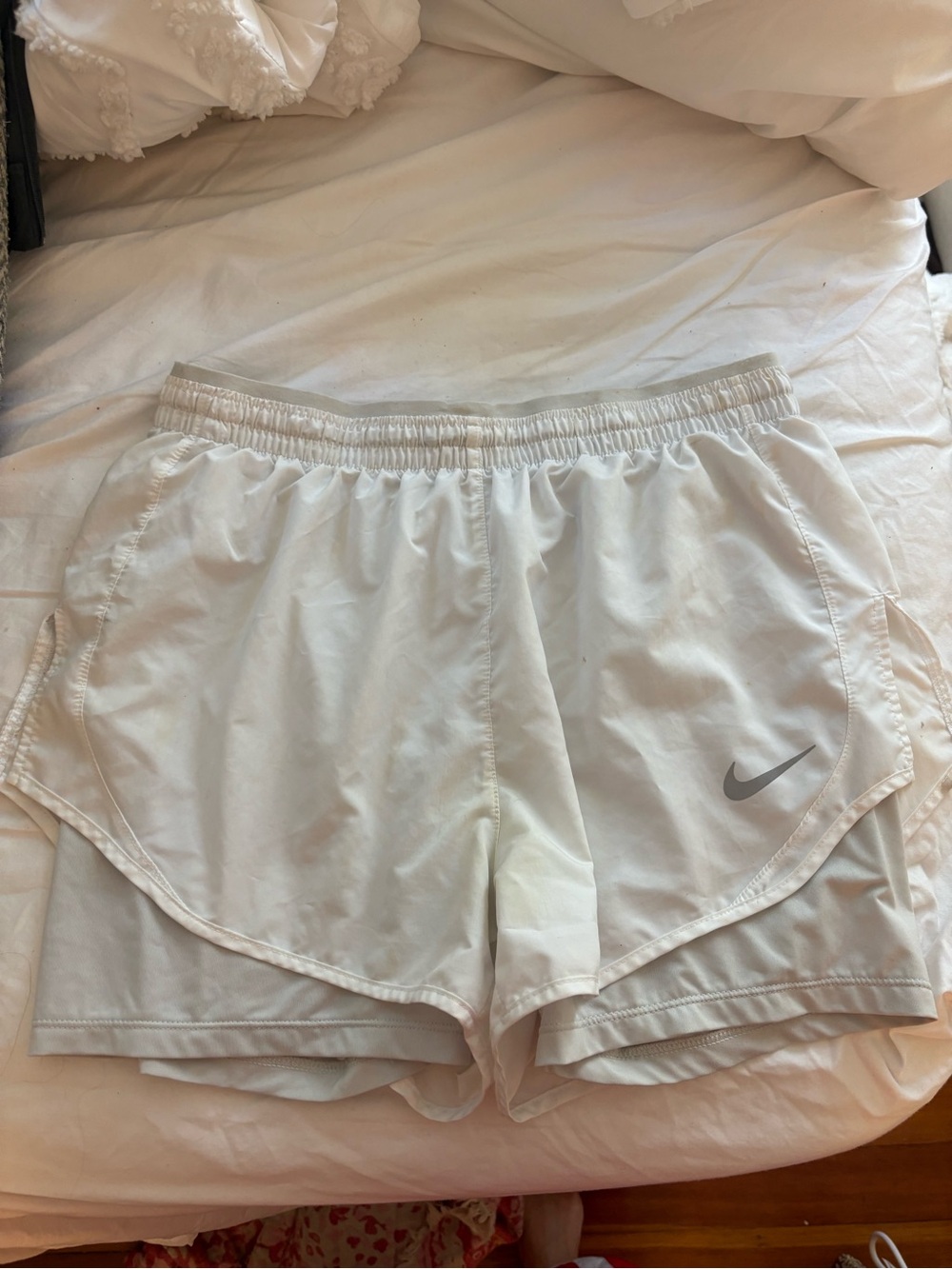 Nike White Women's Layered Athletic Shorts with Gray Swoosh